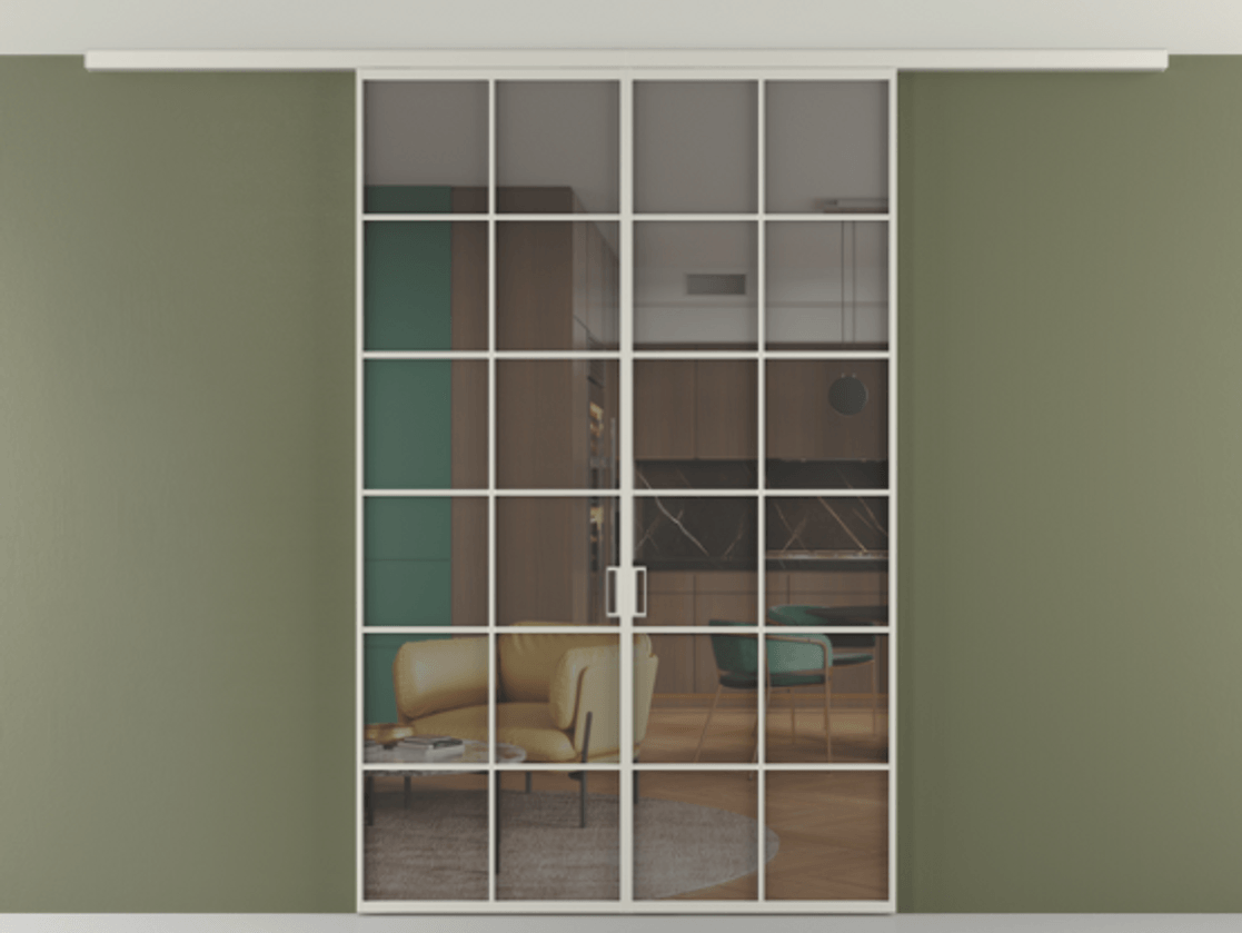 Перегородка Формато вдоль стены на потолок 2 створки АЛПР 040.05 Алюминий тёплый серый Прозрачное серое стекло, триплекс Цена 49751240 so'm | Volhovec