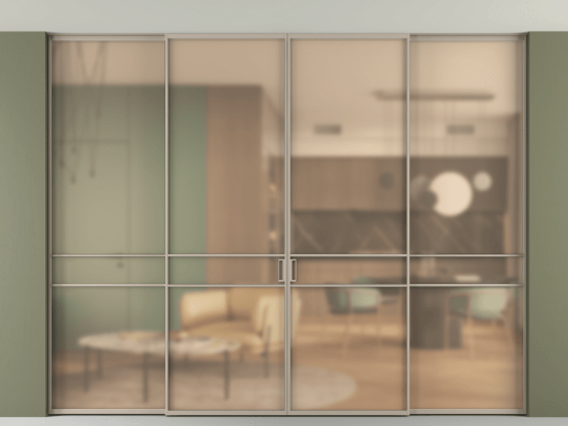 Перегородка Formato внутри проёма скрытое крепление в потолок 4 створки АЛПР 040.02 Алюминий бисквитный Сатинированное оранжевое стекло, триплекс Цена 92781590 so'm | Volhovec