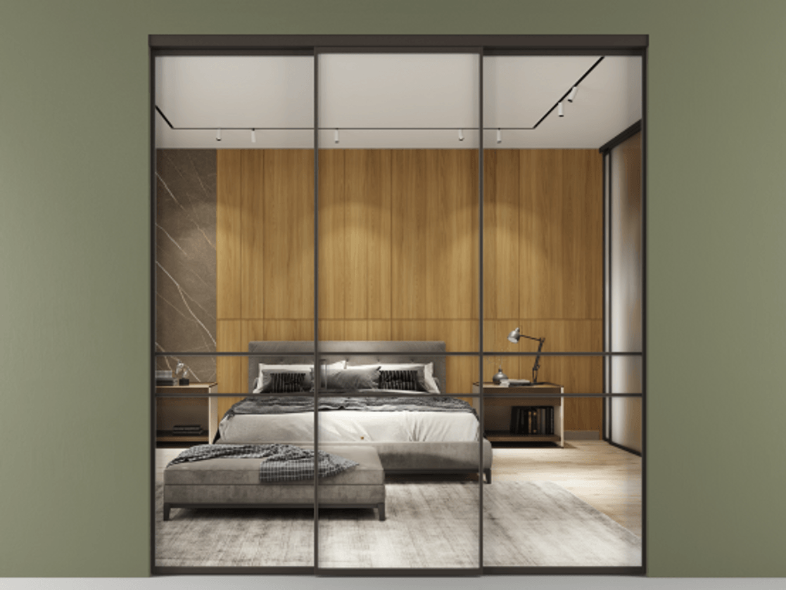 Перегородка Formato внутри проёма 3 створки АЛПР 040.02 Алюминий антрацит Двустороннее зеркало, триплекс , триплекс 6 мм Цена 48166830 so'm | Volhovec