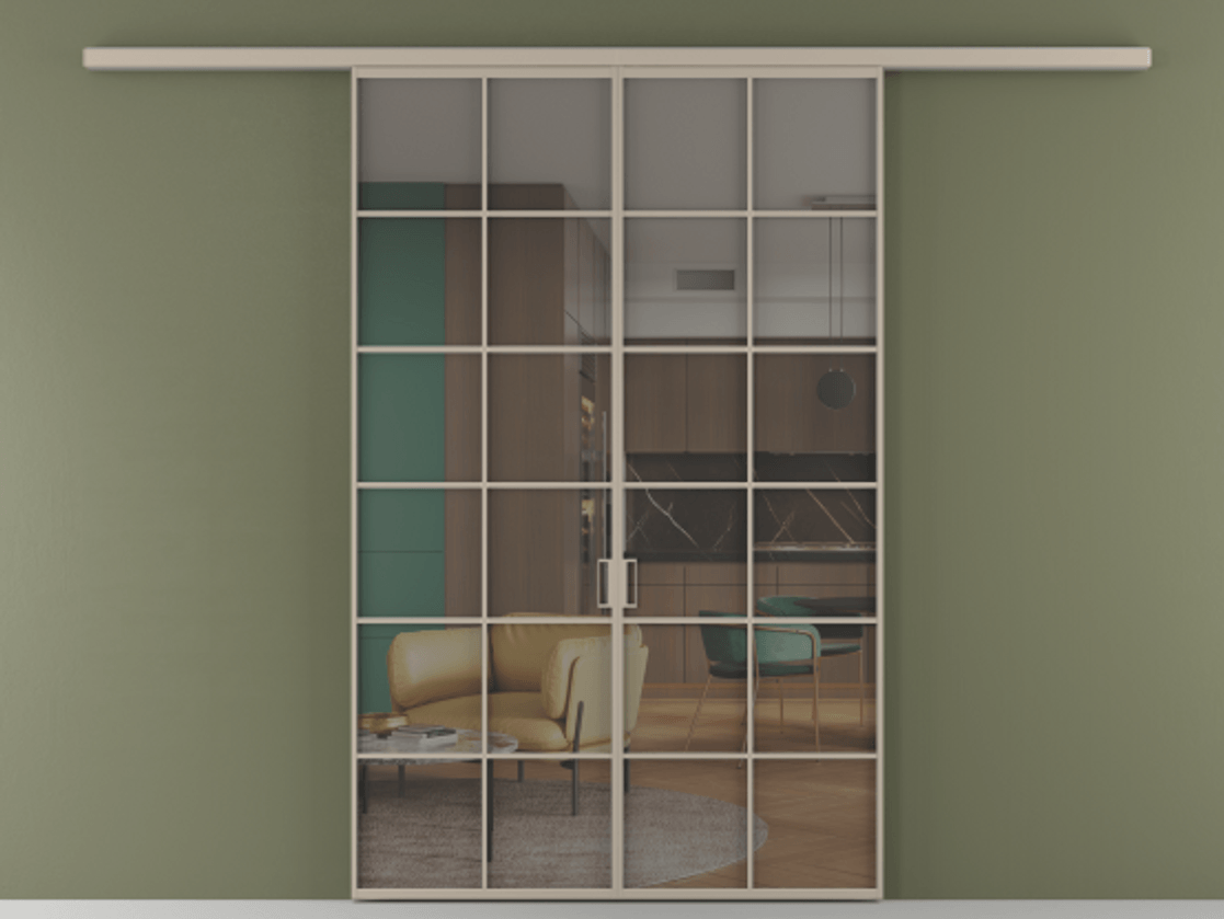 Перегородка Формато вдоль стены 2 створки АЛПР 040.05 Алюминий бисквитный Прозрачное серое стекло, триплекс Цена 42051450 so'm | Volhovec