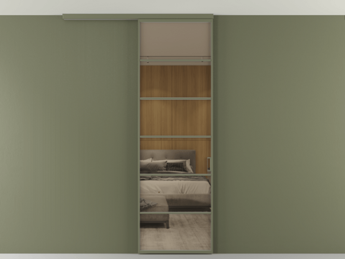 Перегородка Формато вдоль стены на потолок 1 створка АЛПР 040.04 Алюминий оливковый тёмный Рефлективное бронзовое стекло "Стопсол", калёное Цена 114252 ₽ | Volhovec