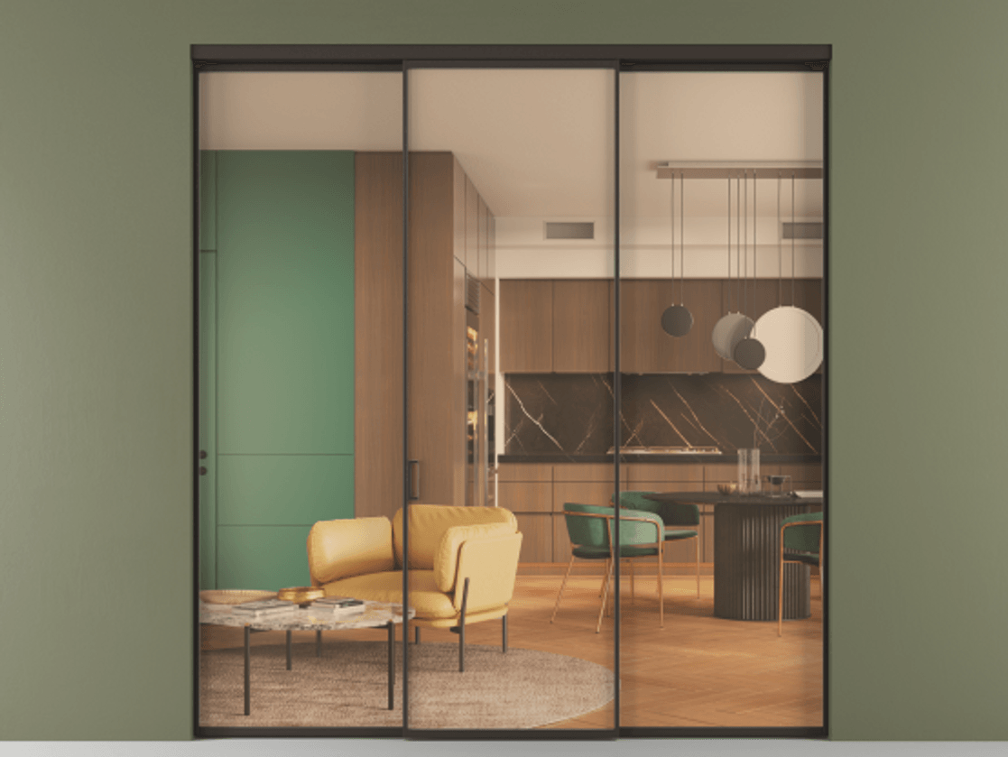 Перегородка Формато внутри проёма 3 створки АЛПР 040.01 Алюминий антрацит Прозрачное оранжевое стекло, триплекс Цена 225125 ₽ | Volhovec