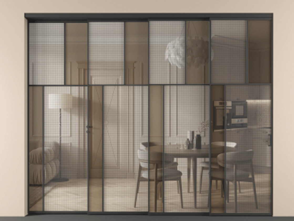 Перегородка Mosaic внутри проема телескопик синхро-4 АЛПР 041.22 Алюминий Черный Mesh silver + Бронза прозрачное триплекс Цена 110131560 so'm | Volhovec
