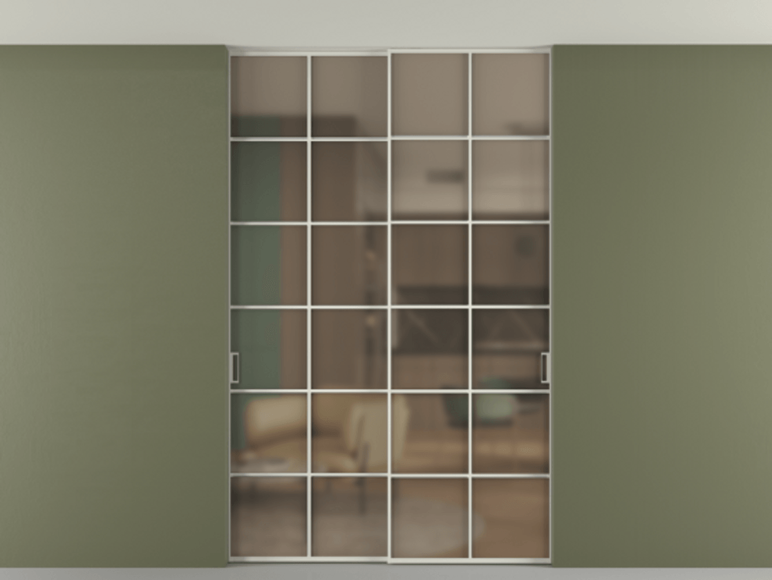 Перегородка Formato внутри проёма скрытое крепление в потолок 2 створки АЛПР 040.05 Алюминий Белый Сатинированное бронзовое стекло, триплекс Цена 51660460 so'm | Volhovec