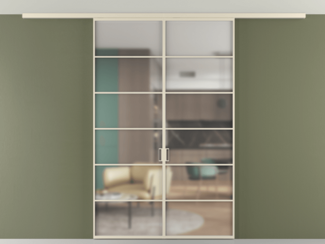 Перегородка Формато вдоль стены на потолок 2 створки АЛПР 040.04 Алюминий бежево-серый Сатинированное стекло "Мателюкс Кристал Вижн", калёное, матовое, каленое 6 мм Цена 52999240 so'm | Volhovec