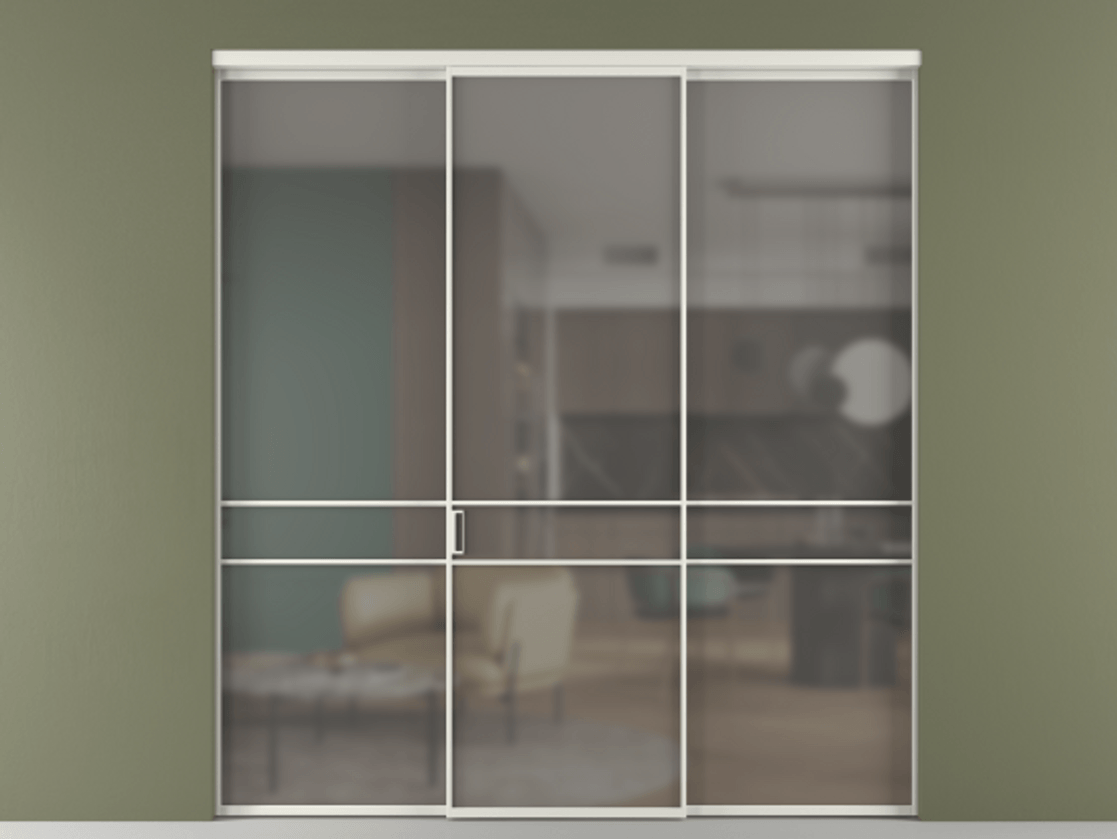 Перегородка Formato внутри проёма 3 створки АЛПР 040.02 Алюминий серый Сатинированное серое стекло, триплекс Цена 48166830 so'm | Volhovec