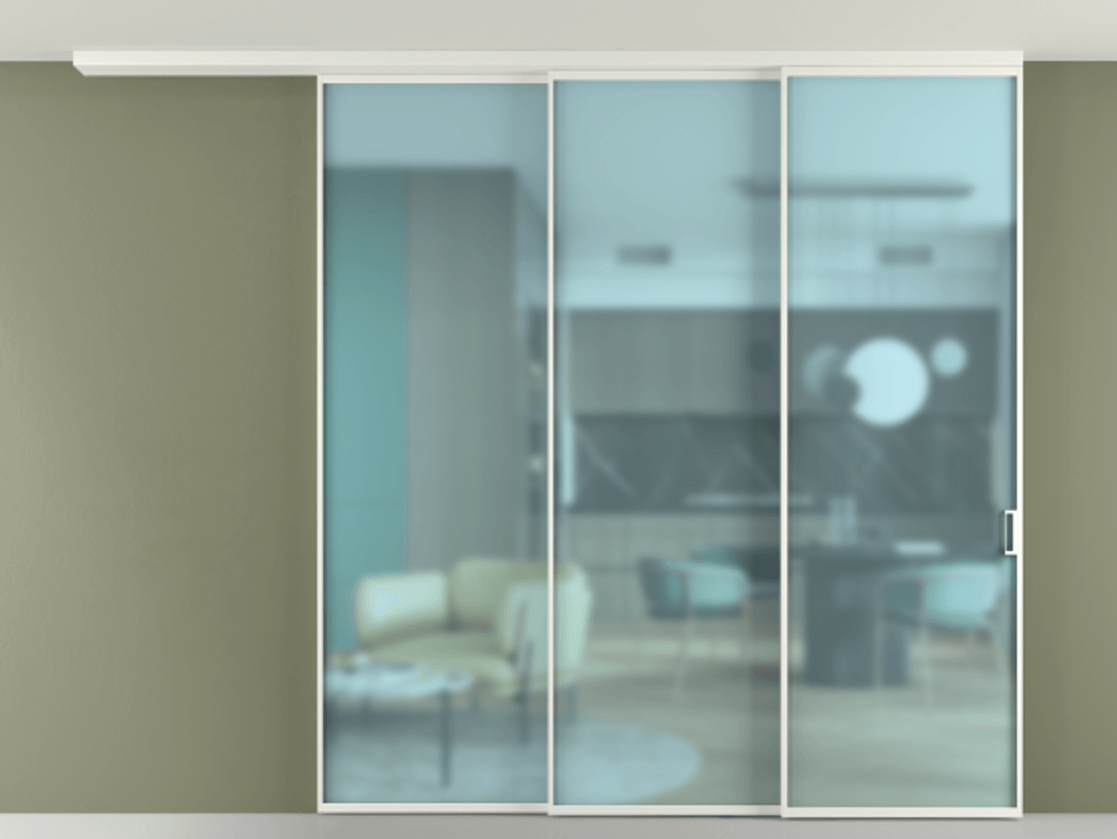 Перегородка Формато вдоль стены на потолок 3 створки с синхронным механизмом АЛПР 040.01 Алюминий светло-серый Сатинированное голубое стекло, триплекс Цена 539600 сом | Volhovec