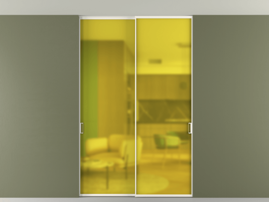 Перегородка Formato внутри проёма скрытое крепление в потолок 2 створки АЛПР 040.01 Алюминий пудровый белый Сатинированное жёлтое стекло, триплекс Цена 271670 ₽ | Volhovec