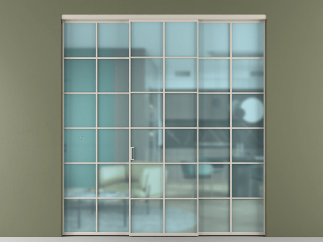 Перегородка Формато внутри проёма 3 створки АЛПР 040.05 Алюминий светло-бежевый Сатинированное голубое стекло, триплекс Цена 51729480 so'm | Volhovec