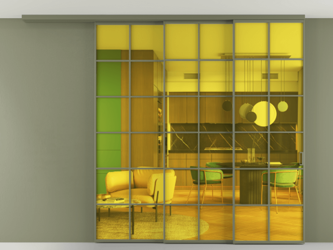 Перегородка Formato вдоль стены на потолок 3 створки с синхронным механизмом АЛПР 040.05 Алюминий оливковый тёмный Прозрачное жёлтое стекло, триплекс Цена 84642010 so'm | Volhovec