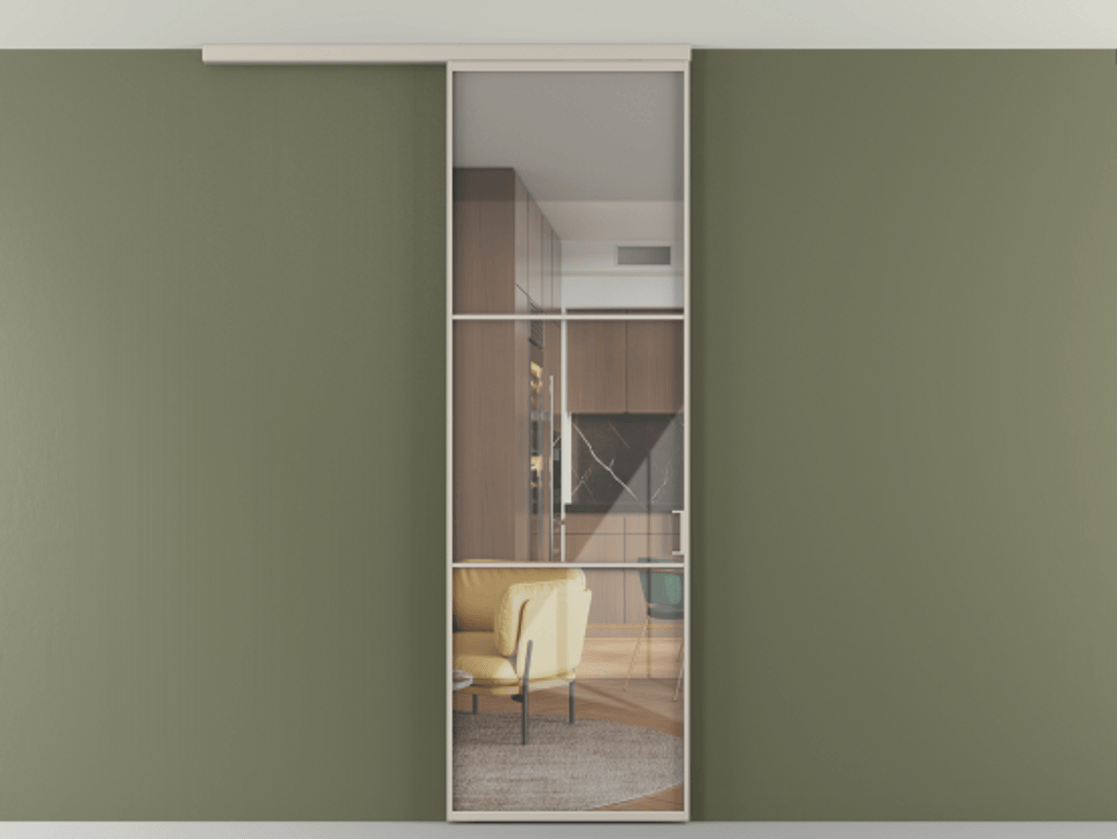 Перегородка Формато вдоль стены на потолок 1 створка АЛПР 040.03 Алюминий светло-бежевый Рефлективное прозрачное стекло "Стопсол", калёное Цена 21799760 so'm | Volhovec