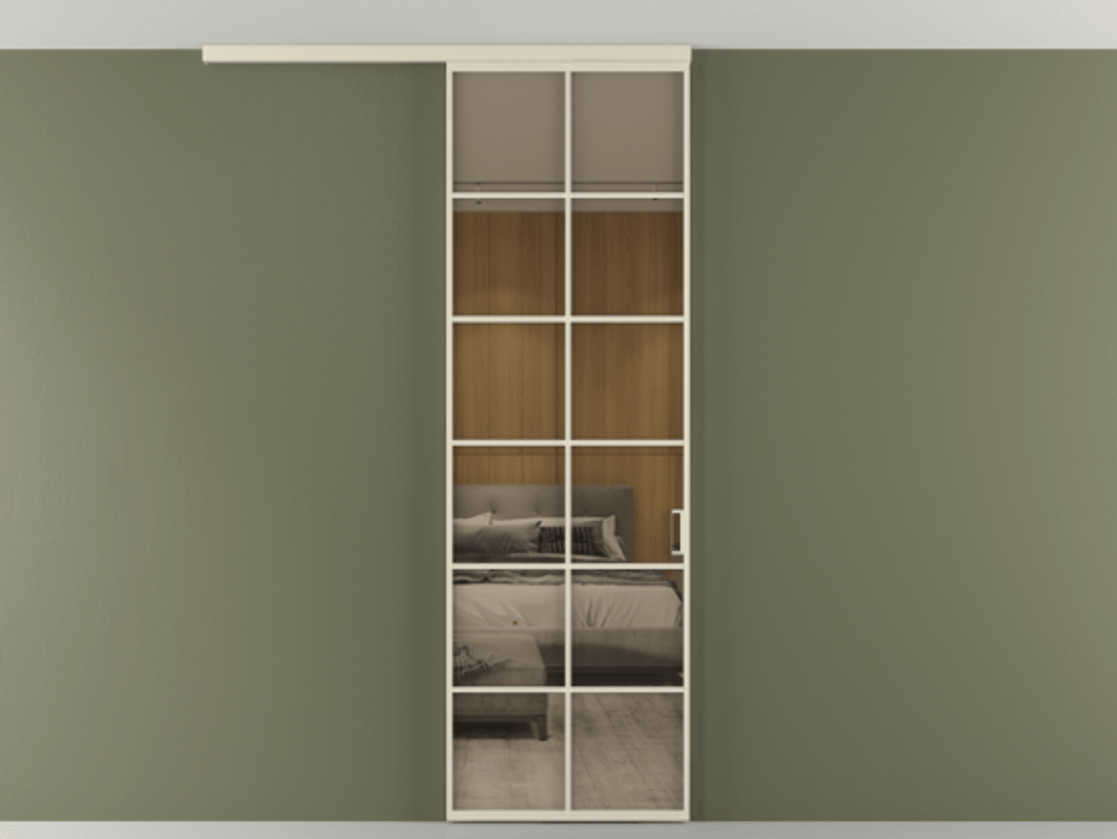 Перегородка Формато вдоль стены на потолок 1 створка АЛПР 040.05 Алюминий бежево-серый Рефлективное бронзовое стекло "Стопсол", калёное Цена 27220270 so'm | Volhovec