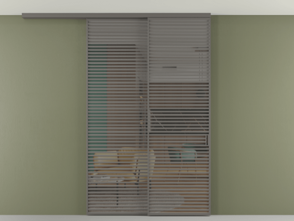 Перегородка Формато вдоль стены на потолок 2 створки с синхронным механизмом АЛПР 040.07 Алюминий классический серый Прозрачное серое стекло, триплекс Цена 91442570 so'm | Volhovec