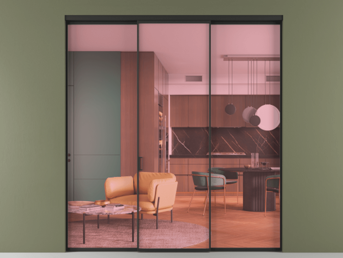 Перегородка Formato внутри проёма 3 створки АЛПР 040.01 Алюминий Черный Прозрачное розовое стекло, триплекс Цена 43903830 so'm | Volhovec