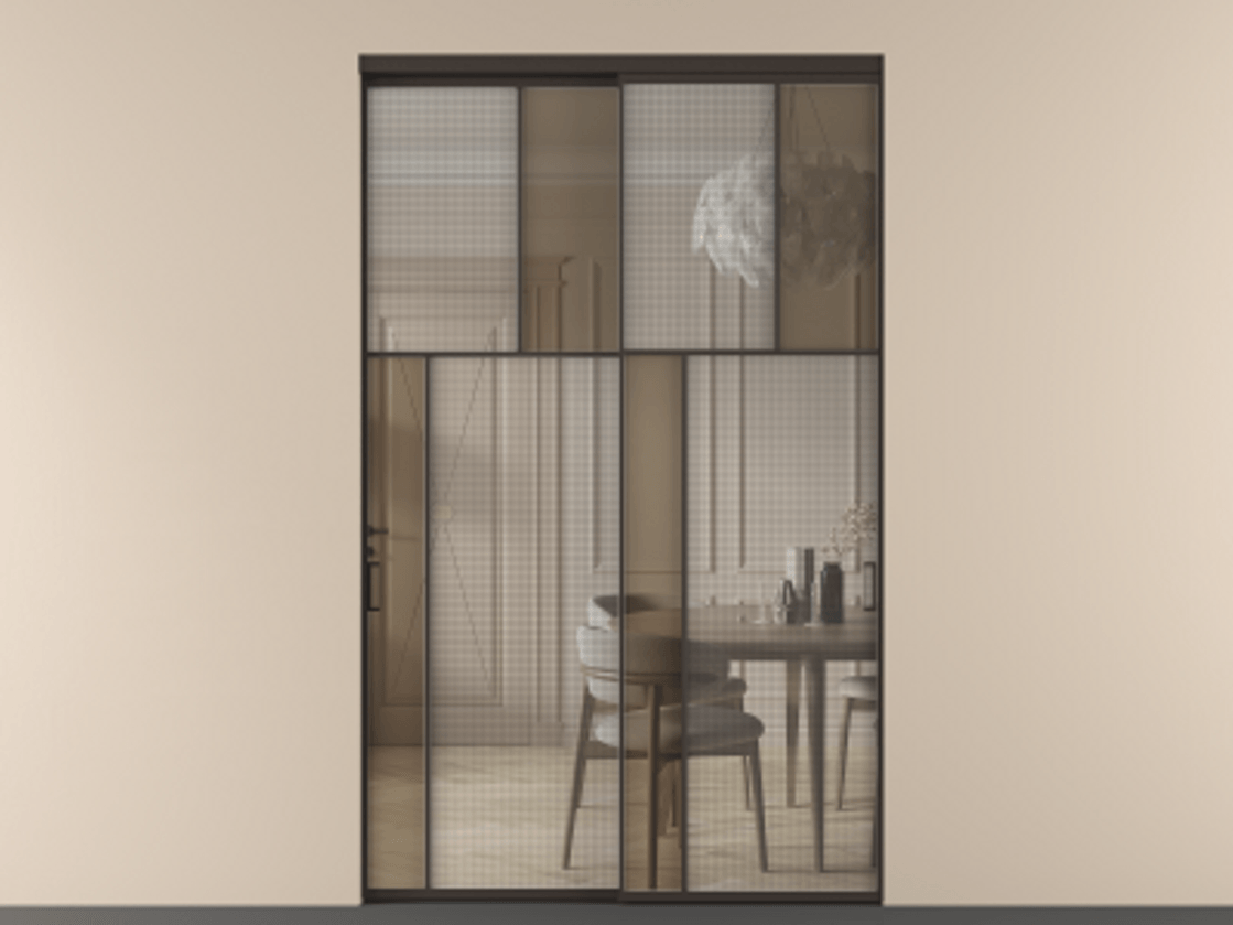 Перегородка Mosaic внутри проёма двустворчатая АЛПР 041.22 Алюминий антрацит Mesh silver + Бронза прозрачное триплекс Цена 48565720 so'm | Volhovec