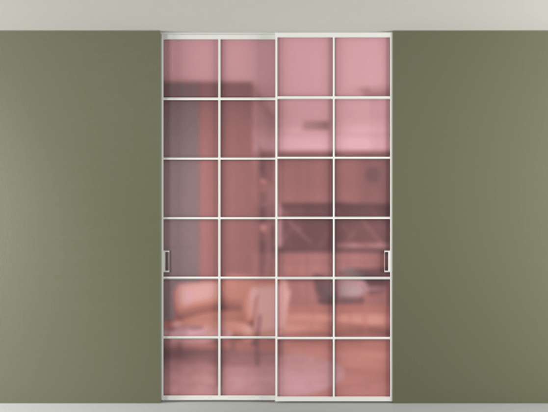 Перегородка Формато внутри проёма скрытое крепление в потолок 2 створки АЛПР 040.05 Алюминий светло-серый Сатинированное розовое стекло, триплекс Цена 53000260 so'm | Volhovec