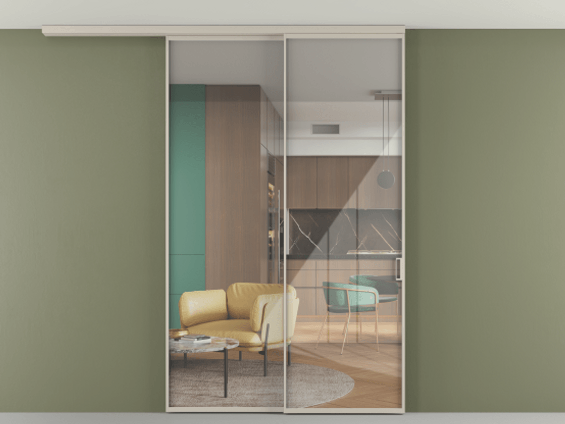 Перегородка Формато вдоль стены на потолок 2 створки с синхронным механизмом АЛПР 040.01 Алюминий светло-бежевый Рефлективное прозрачное стекло "Стопсол", калёное Цена 57098220 so'm | Volhovec