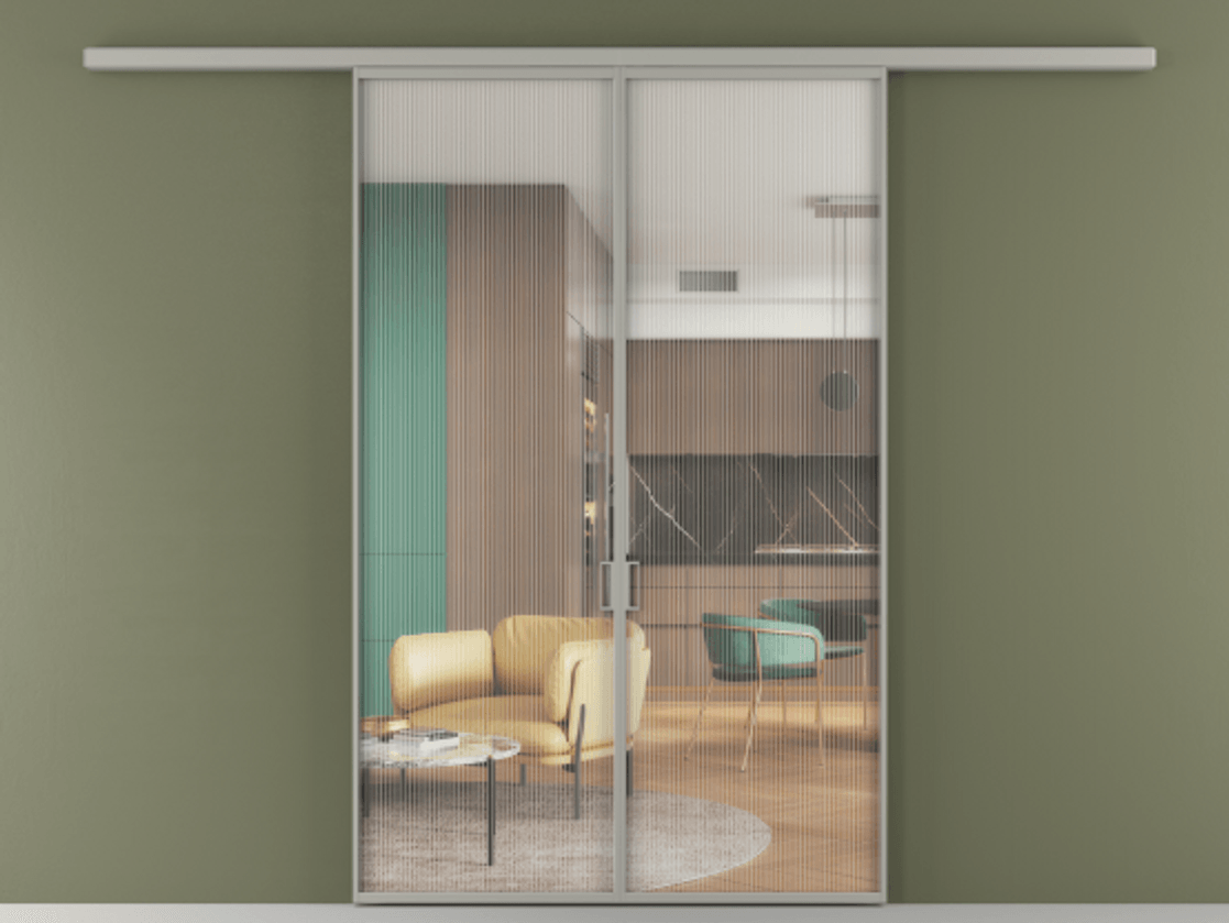 Перегородка Формато вдоль стены 2 створки АЛПР 040.01 Алюминий нейтральный серый Рифлёное стекло "Мору", триплекс Цена 40468050 so'm | Volhovec