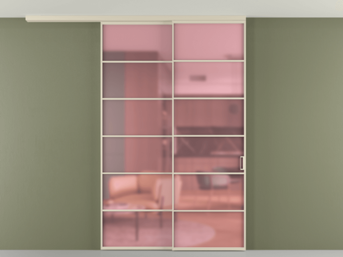 Перегородка Формато вдоль стены на потолок 2 створки с синхронным механизмом АЛПР 040.04 Алюминий бежево-серый Сатинированное розовое стекло, триплекс Цена 424720.8 сом | Volhovec