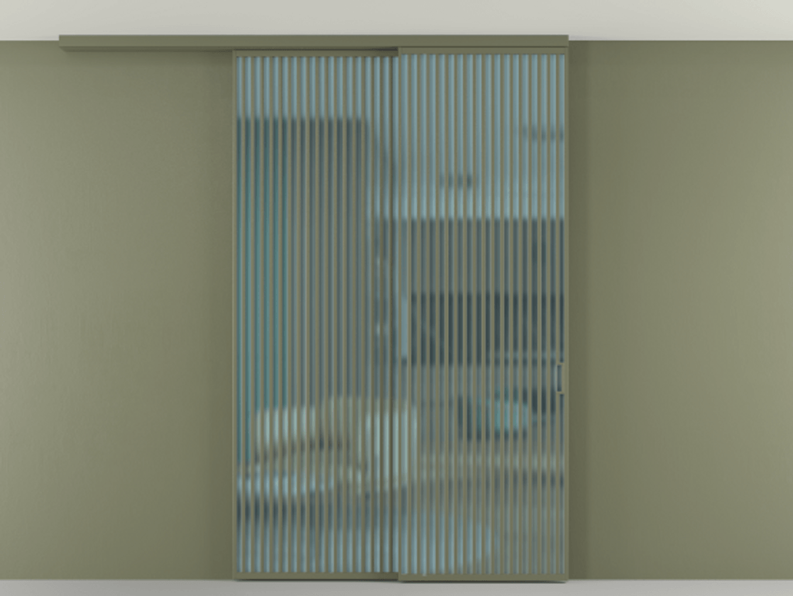 Перегородка Formato вдоль стены на потолок 2 створки с синхронным механизмом АЛПР 040.06 Алюминий оливковый тёмный Сатинированное голубое стекло, триплекс Цена 91442510 so'm | Volhovec