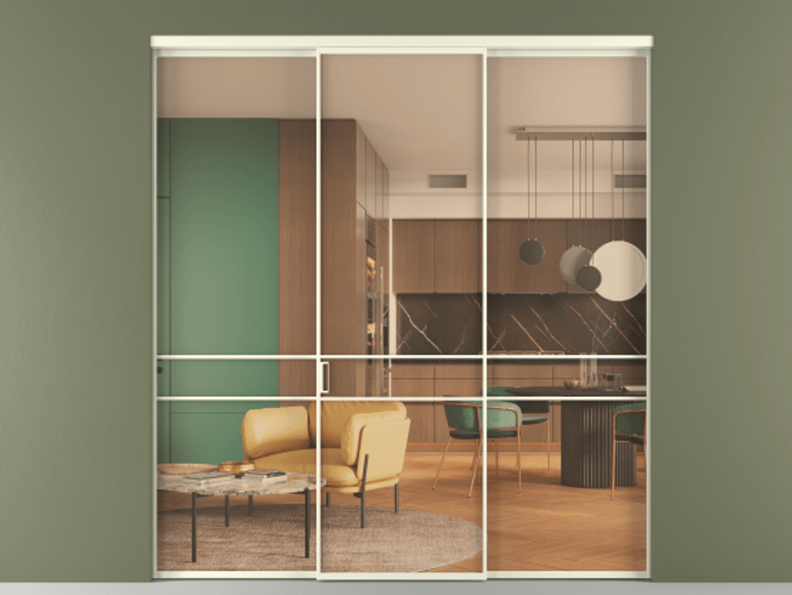 Перегородка Формато внутри проёма 3 створки АЛПР 040.02 Алюминий молочно-белый Прозрачное оранжевое стекло, триплекс Цена 48166830 so'm | Volhovec