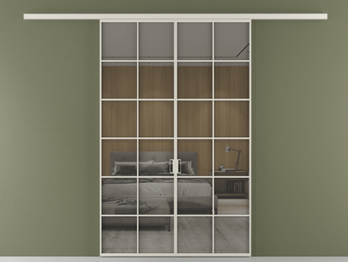 Перегородка Формато вдоль стены 2 створки АЛПР 040.05 Алюминий облачно-серый Рефлективное серое стекло "Стопсол", калёное Цена 53713800 so'm | Volhovec