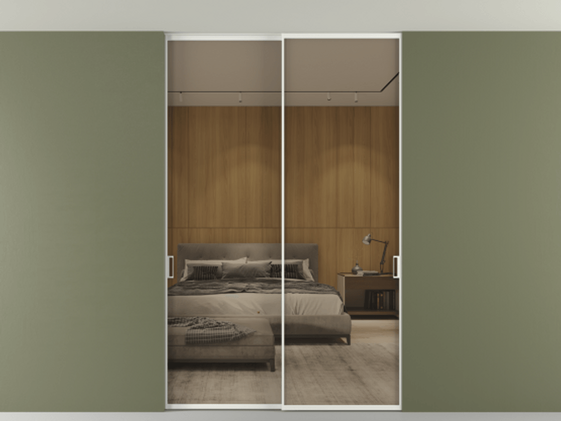 Перегородка Формато внутри проёма скрытое крепление в потолок 2 створки АЛПР 040.01 Алюминий светло-серый Рефлективное бронзовое стекло "Стопсол", калёное Цена 59608920 so'm | Volhovec