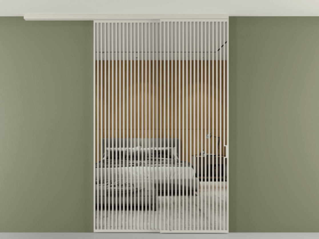 Перегородка Формато вдоль стены на потолок 2 створки с синхронным механизмом АЛПР 040.06 Алюминий тёплый серый Двустороннее зеркало, триплекс , триплекс 6 мм Цена 106903860 so'm | Volhovec