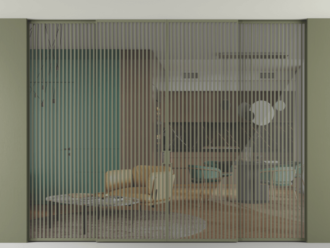 Перегородка Formato внутри проёма скрытое крепление в потолок 4 створки АЛПР 040.06 Алюминий оливковый тёмный Рефлективное прозрачное стекло "Stopsol", калёное Цена 986340 ₽ | Volhovec