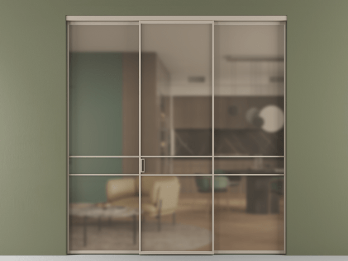 Перегородка Formato внутри проёма 3 створки АЛПР 040.02 Алюминий бисквитный Сатинированное бронзовое стекло, триплекс Цена 48166830 so'm | Volhovec