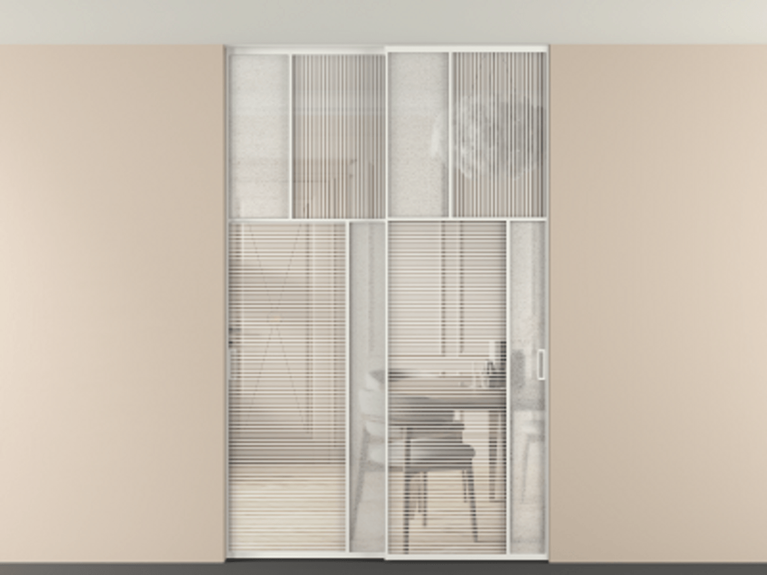 Перегородка Мозаик внутри проёма скрытое крепление в потолок 2 створки АЛПР 041.23 Алюминий светло-серый Рифлёное стекло "Дюна", триплекс, 6 мм + Фактурное стекло "Лёд", триплекс Цена 69137740 so'm | Volhovec