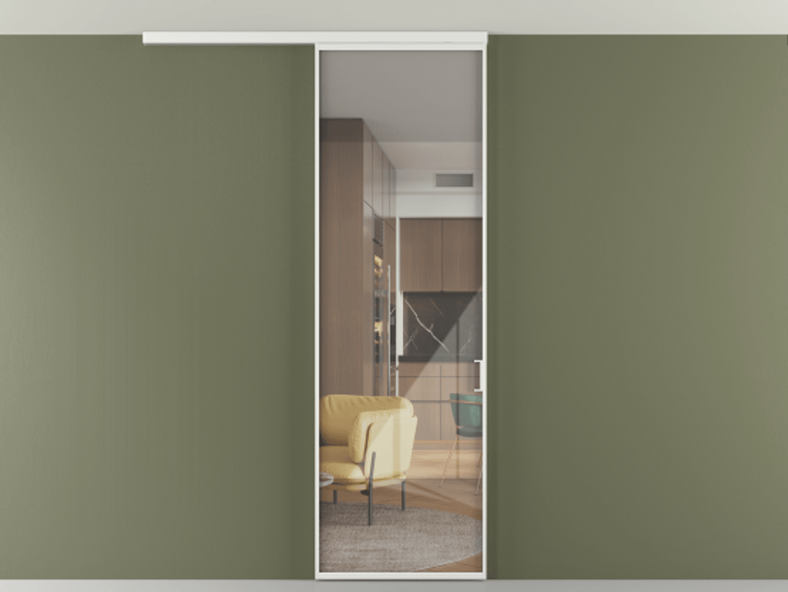 Перегородка Формато вдоль стены на потолок 1 створка АЛПР 040.01 Алюминий белоснежный Рефлективное прозрачное стекло "Стопсол", калёное Цена 20835110 so'm | Volhovec