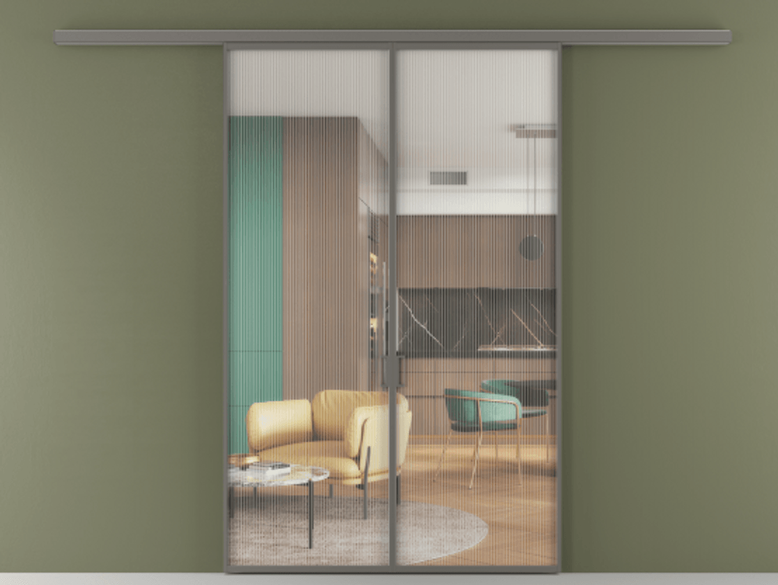 Перегородка Формато вдоль стены 2 створки АЛПР 040.01 Алюминий классический серый Рифлёное стекло "Мору", триплекс Цена 40468050 so'm | Volhovec