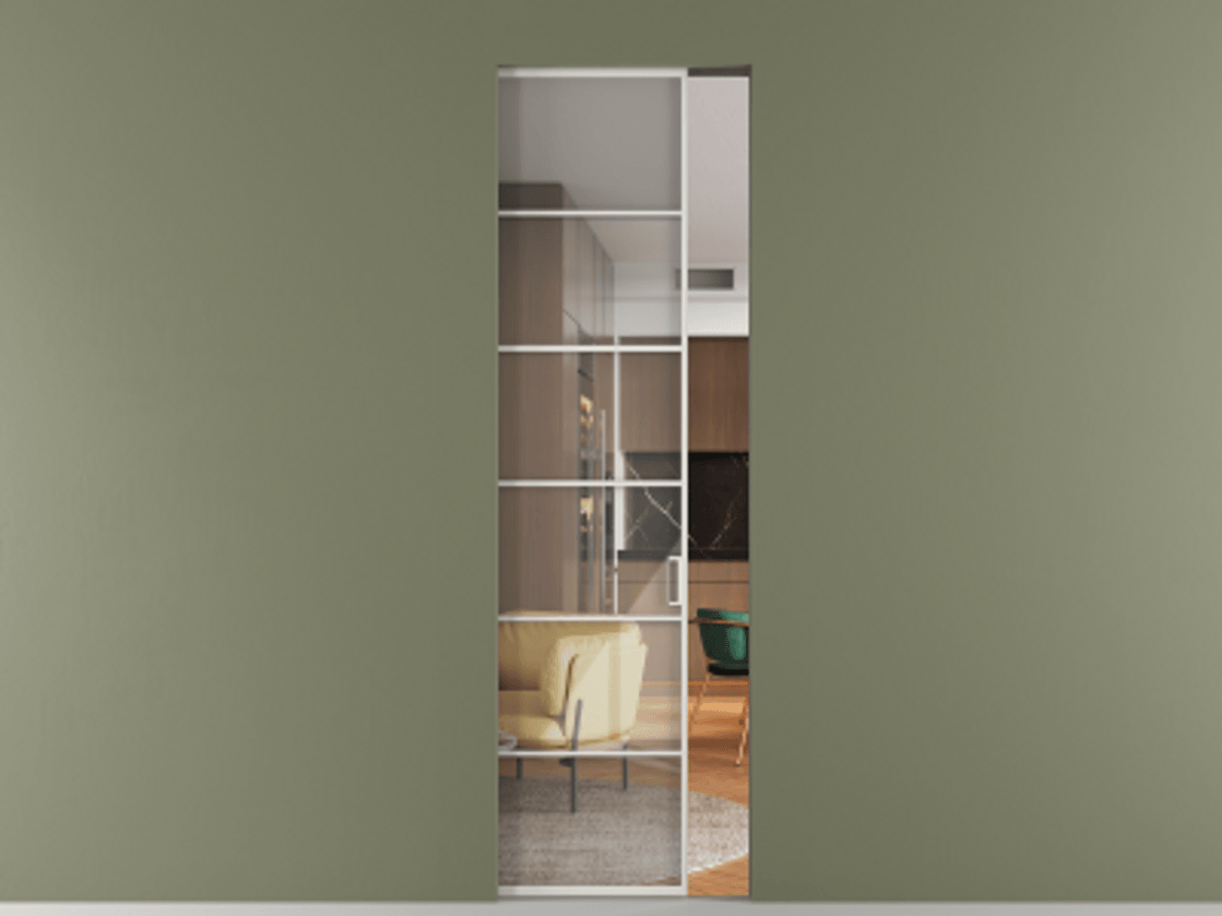 Перегородка Formato скрытый пенал 1 створка АЛПР 040.04 Алюминий Белый Рефлективное прозрачное стекло "Stopsol", калёное Цена 36986600 so'm | Volhovec