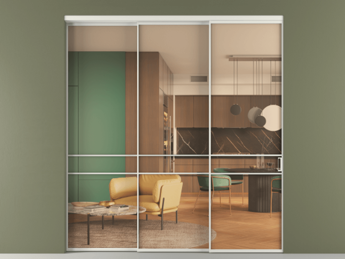 Перегородка Формато внутри проёма 3 створки с синхронным механизмом АЛПР 040.02 Алюминий серый Прозрачное оранжевое стекло, триплекс Цена 69941620 so'm  | Volhovec