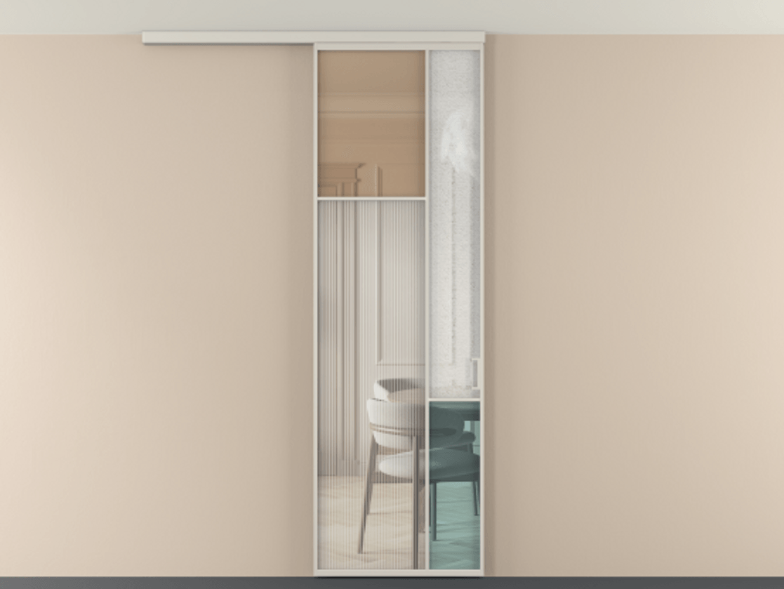 Перегородка Мозаик вдоль стены на потолок 1 створка АЛПР 041.10 Алюминий облачно-серый Комбинация стекол Группы 1 и Группы 3 Цена 28631120 so'm | Volhovec