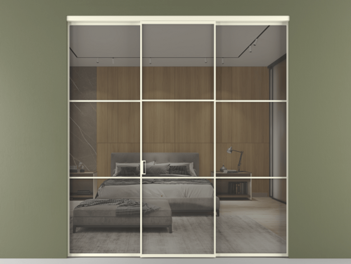 Перегородка Формато внутри проёма 3 створки АЛПР 040.03 Алюминий молочно-белый Рефлективное серое стекло "Стопсол", калёное Цена 64472800 so'm | Volhovec