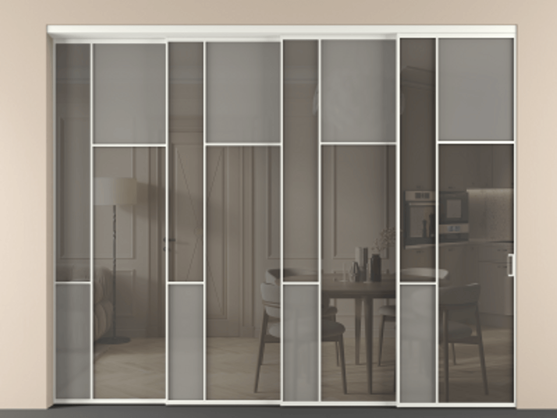 Перегородка Мозаик внутри проёма 4 створки с синхронным механизмом АЛПР 041.11 Алюминий тёплый серый Сатинированное серое стекло, триплекс, 6 мм + Прозрачное серое стекло, триплекс. Цена 119266560 so'm . Фабрика дверей Волховец 8 (800) 551 43 19 Перегородка Мозаик внутри проёма 4 створки с синхронным механизмом АЛПР 041.11 Алюминий тёплый серый Сатинированное серое стекло, триплекс, 6 мм + Прозрачное серое стекло, триплекс Цена 119266560 so'm | Volhovec