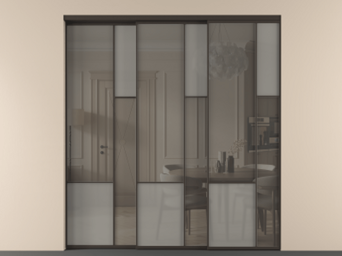 Перегородка Мозаик внутри проёма 3 створки с синхронным механизмом АЛПР 041.12 Алюминий антрацит Сатинированное серое стекло, триплекс, 6 мм + Прозрачное серое стекло, триплекс Цена 88790170 so'm | Volhovec