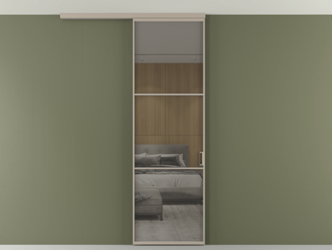 Перегородка Формато вдоль стены на потолок 1 створка АЛПР 040.03 Алюминий бисквитный Рефлективное серое стекло "Стопсол", калёное Цена 21799760 so'm | Volhovec