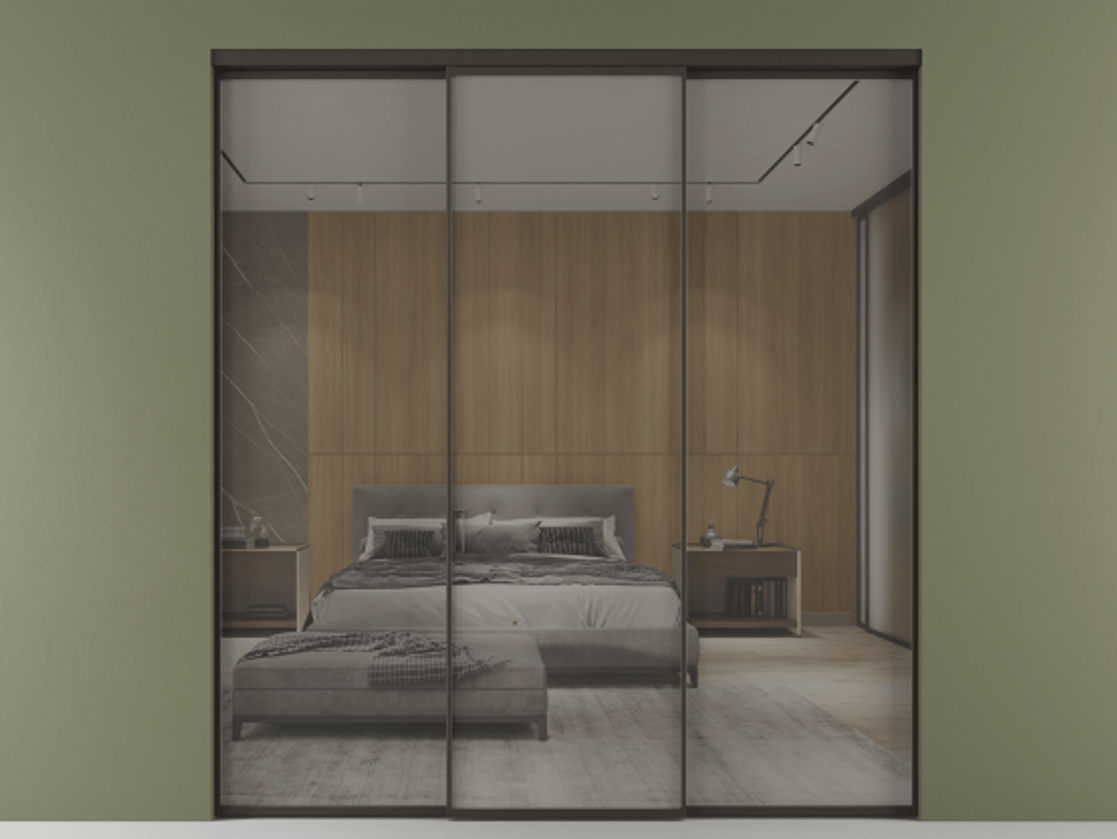 Перегородка Formato внутри проёма 3 створки АЛПР 040.01 Алюминий антрацит Рефлективное серое стекло "Stopsol", калёное Цена 61184200 so'm | Volhovec