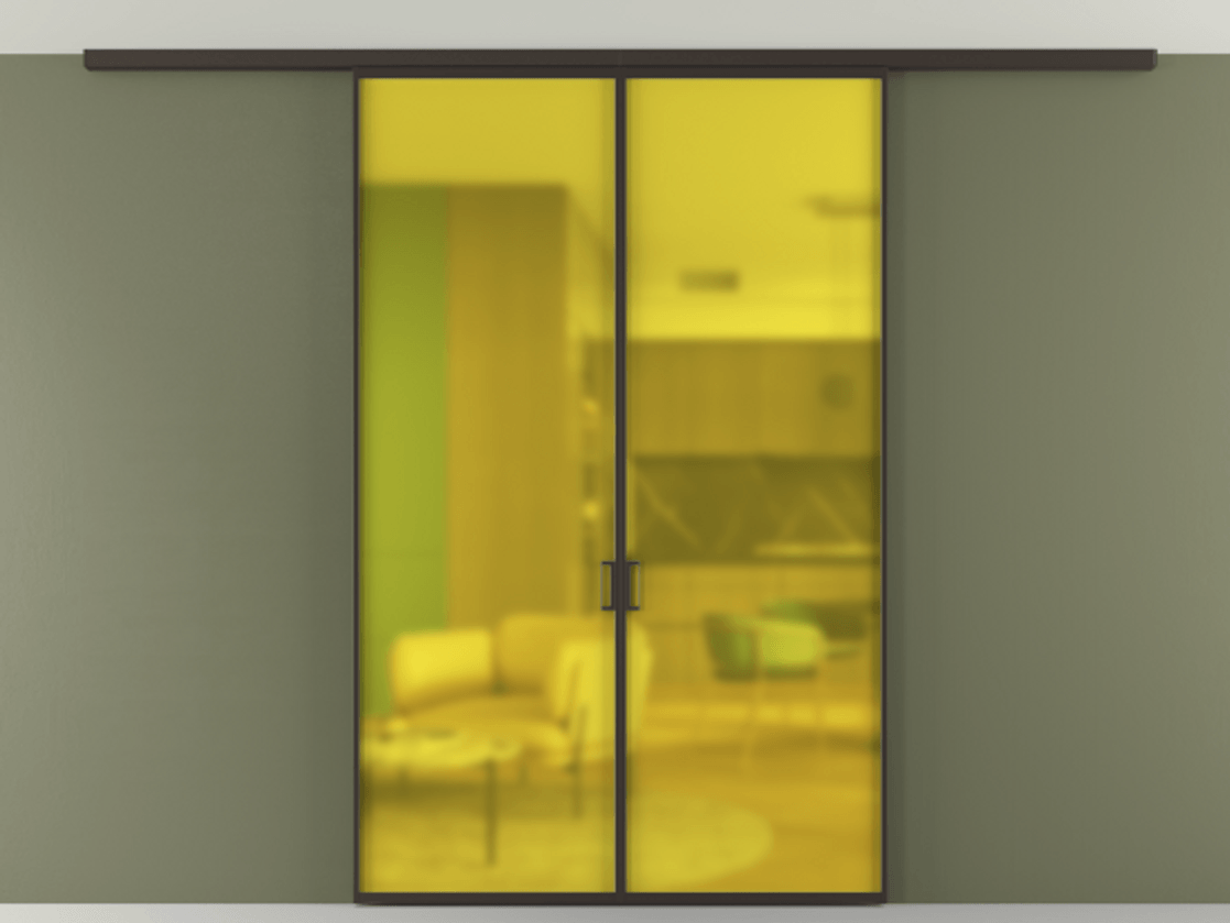 Перегородка Formato вдоль стены на потолок 2 створки АЛПР 040.01 Алюминий антрацит Сатинированное жёлтое стекло, триплекс Цена 37630550 so'm | Volhovec