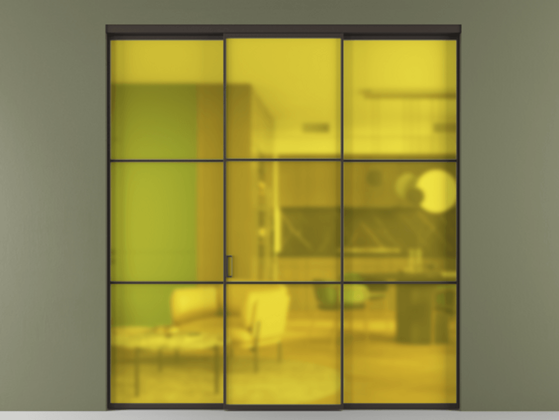 Перегородка Formato внутри проёма 3 створки АЛПР 040.03 Алюминий антрацит Сатинированное жёлтое стекло, триплекс Цена 48166830 so'm | Volhovec