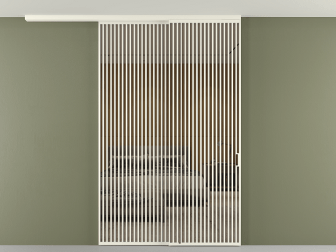 Перегородка Формато вдоль стены на потолок 2 створки с синхронным механизмом АЛПР 040.06 Алюминий жемчужный Рефлективное бронзовое стекло "Стопсол", калёное Цена 94040970 so'm | Volhovec