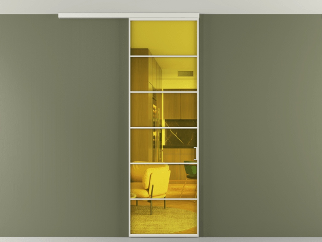 Перегородка Формато вдоль стены на потолок 1 створка АЛПР 040.04 Алюминий серый Прозрачное жёлтое стекло, триплекс Цена 103293 ₽ | Volhovec