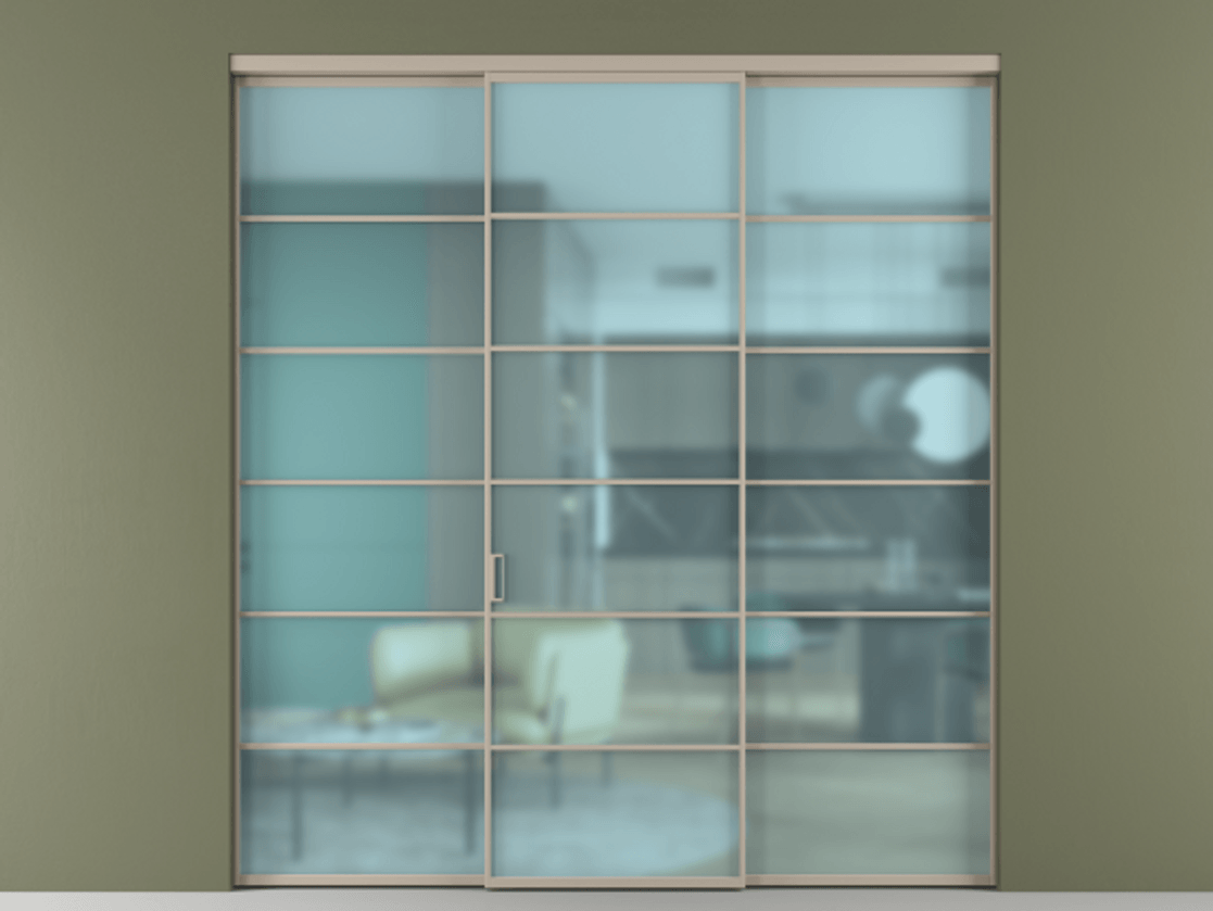 Перегородка Формато внутри проёма 3 створки АЛПР 040.04 Алюминий бисквитный Сатинированное голубое стекло, триплекс Цена 51729480 so'm | Volhovec