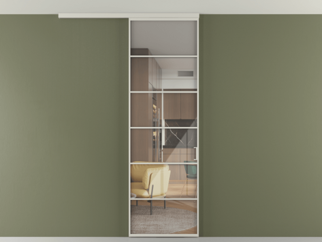 Перегородка Formato вдоль стены на потолок 1 створка АЛПР 040.04 Алюминий тёплый серый Рефлективное прозрачное стекло "Stopsol", калёное Цена 27220270 so'm | Volhovec