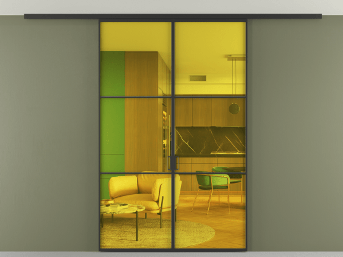 Перегородка Формато вдоль стены на потолок 2 створки АЛПР 040.03 Алюминий Черный Прозрачное жёлтое стекло, триплекс Цена 38050320 so'm | Volhovec