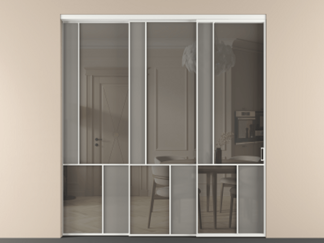 Перегородка Мозаик внутри проёма 3 створки с синхронным механизмом АЛПР 041.20  Алюминий белоснежный Сатинированное серое стекло, триплекс, 6 мм + Прозрачное серое стекло, триплекс Цена 88790170 so'm | Volhovec