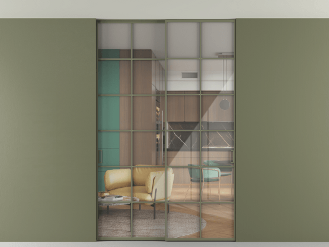 Перегородка Формато внутри проёма скрытое крепление в потолок 2 створки АЛПР 040.05 Алюминий оливковый тёмный Рефлективное прозрачное стекло "Стопсол", калёное Цена 65504040 so'm | Volhovec